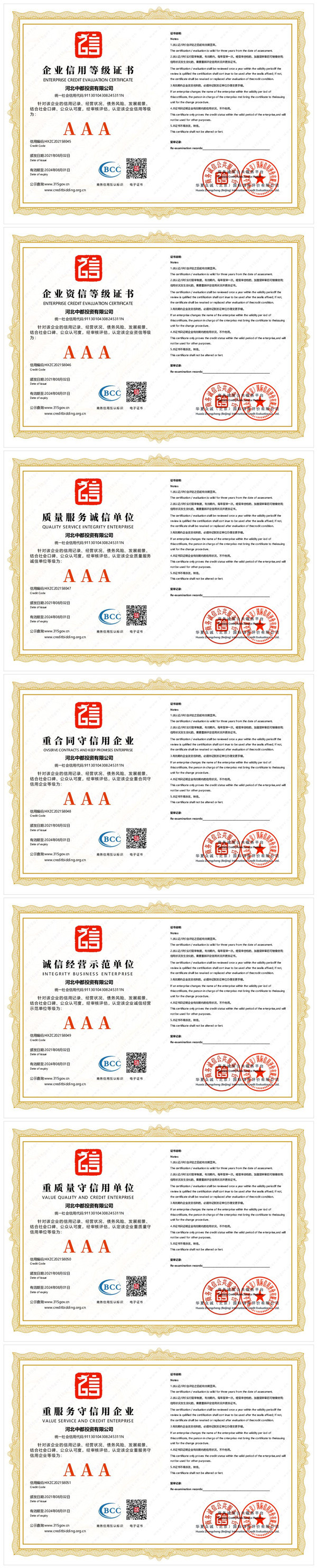 热烈祝贺河北中都投资有限公司获得3A级企业信用等级证书